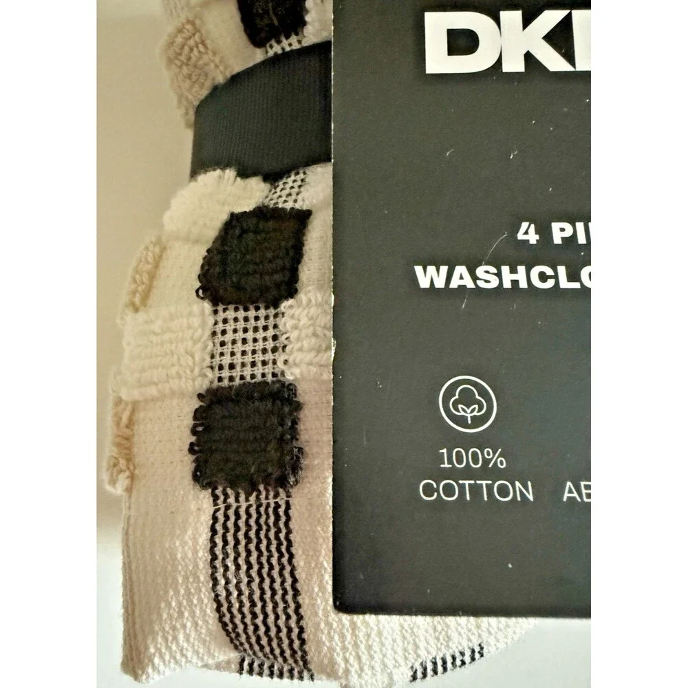 DKNY Facecloths Washcloths Set of 4 Black Beige White Check 100% Cotton Soft